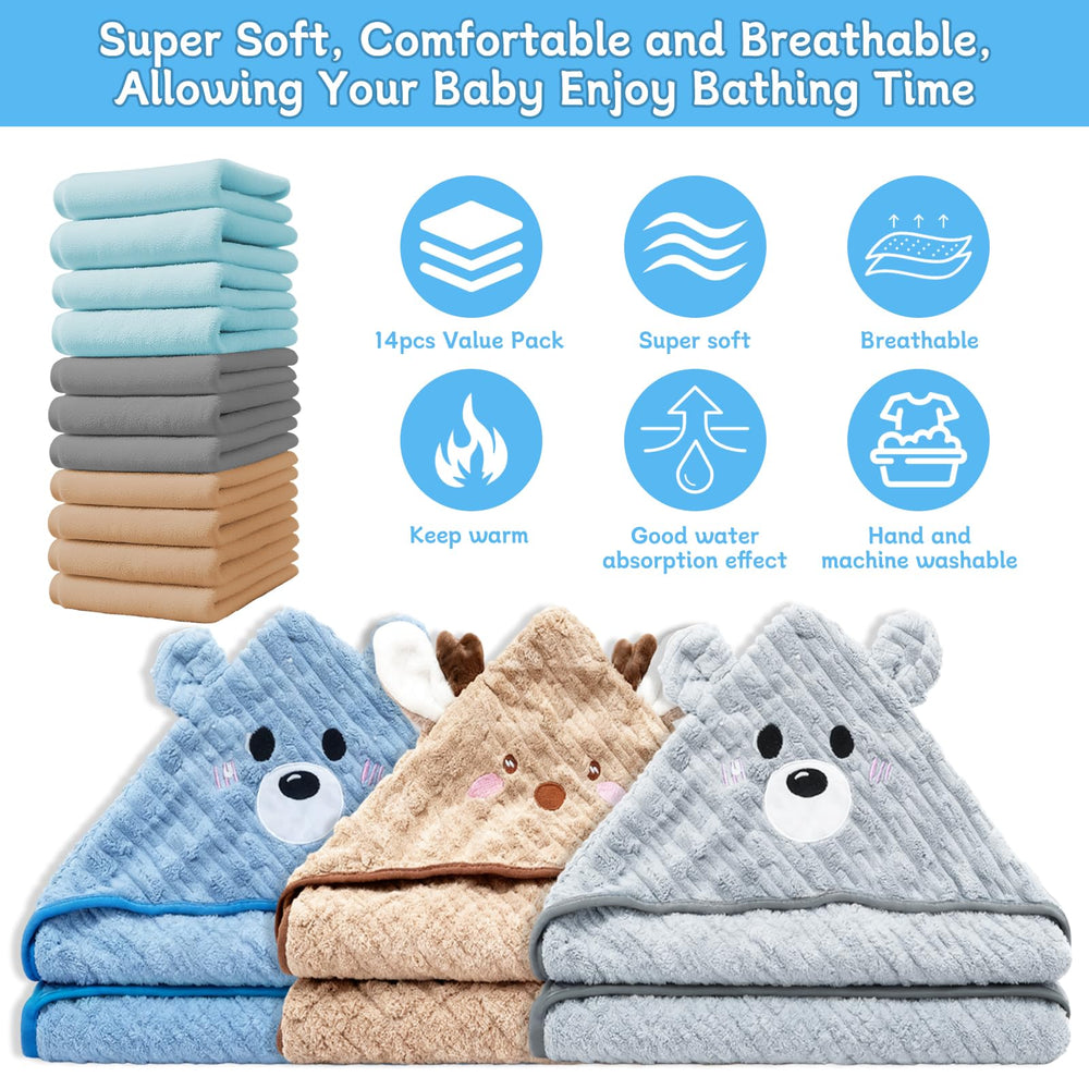 14pcs-baby-towels-set-characters-hoods playful hooded towels with cute bath buddies.