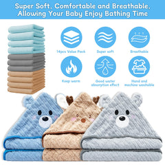 14pcs-baby-towels-set-characters-hoods playful hooded towels with cute bath buddies.
