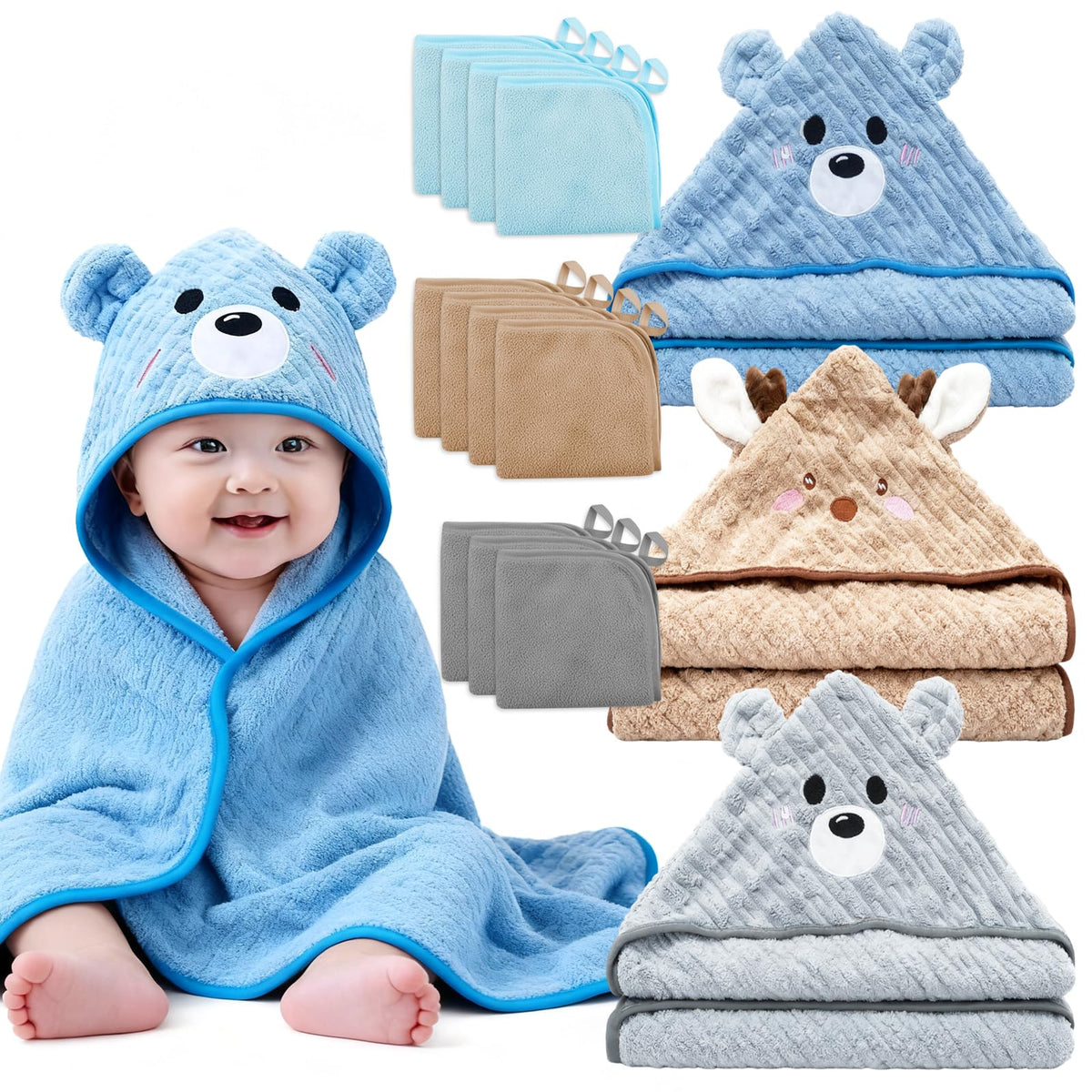 14pcs-baby-towels-set plush hooded towels ready for cozy bath time with newborns.