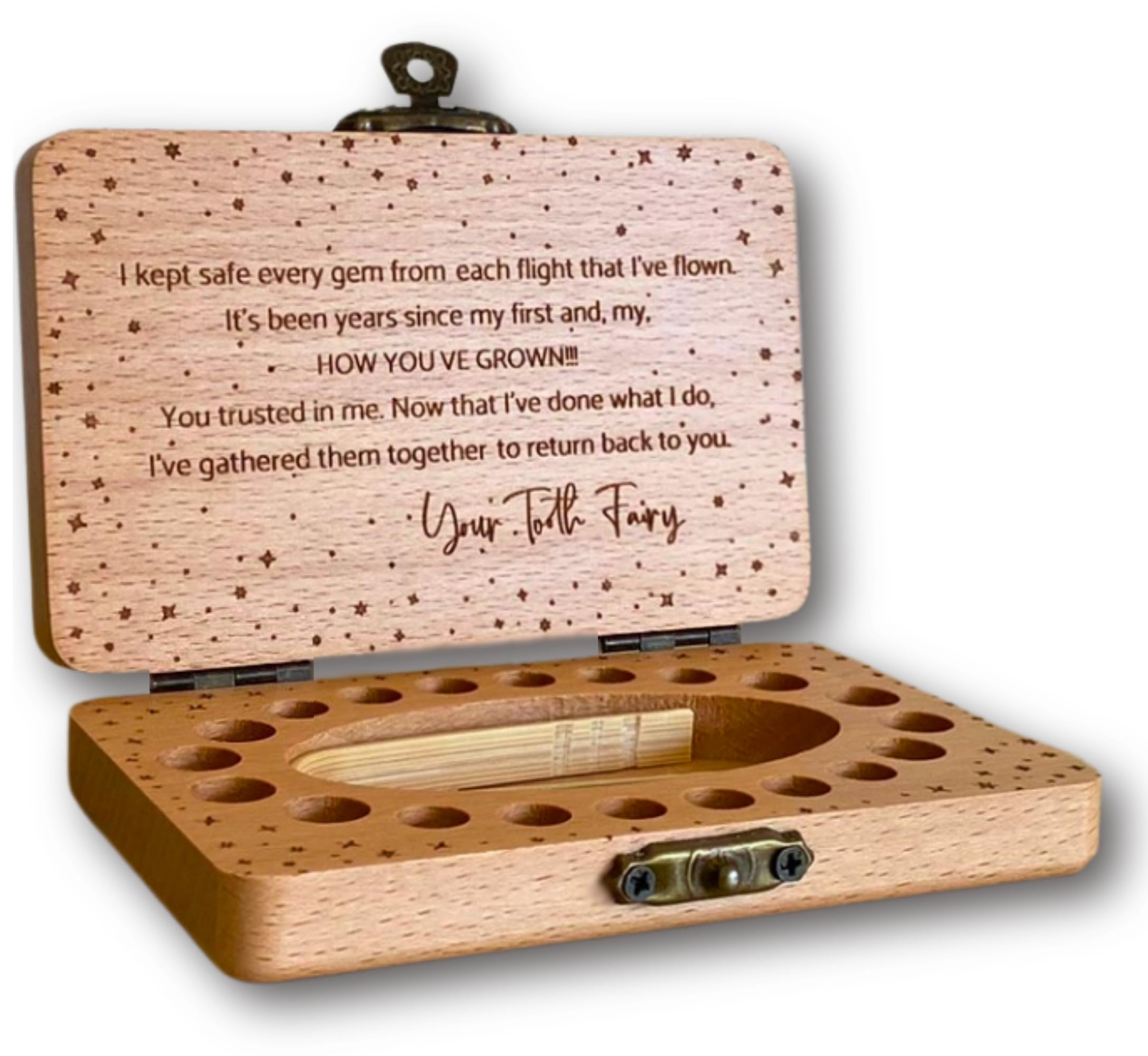 20 Moments of Tooth Fairy box front view shows natural beech wood for timeless keepsakes
