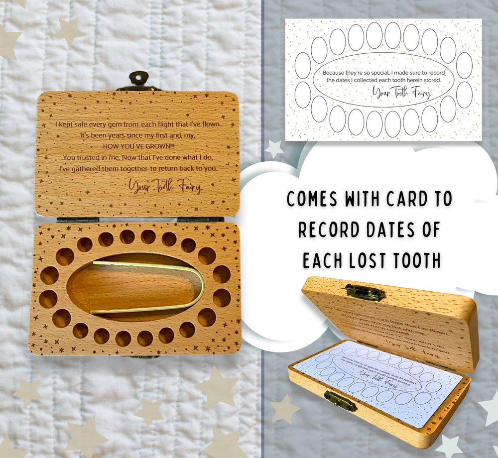 Inside packaging of 20 Moments of Tooth Fairy box reveals organized storage for 20 baby teeth