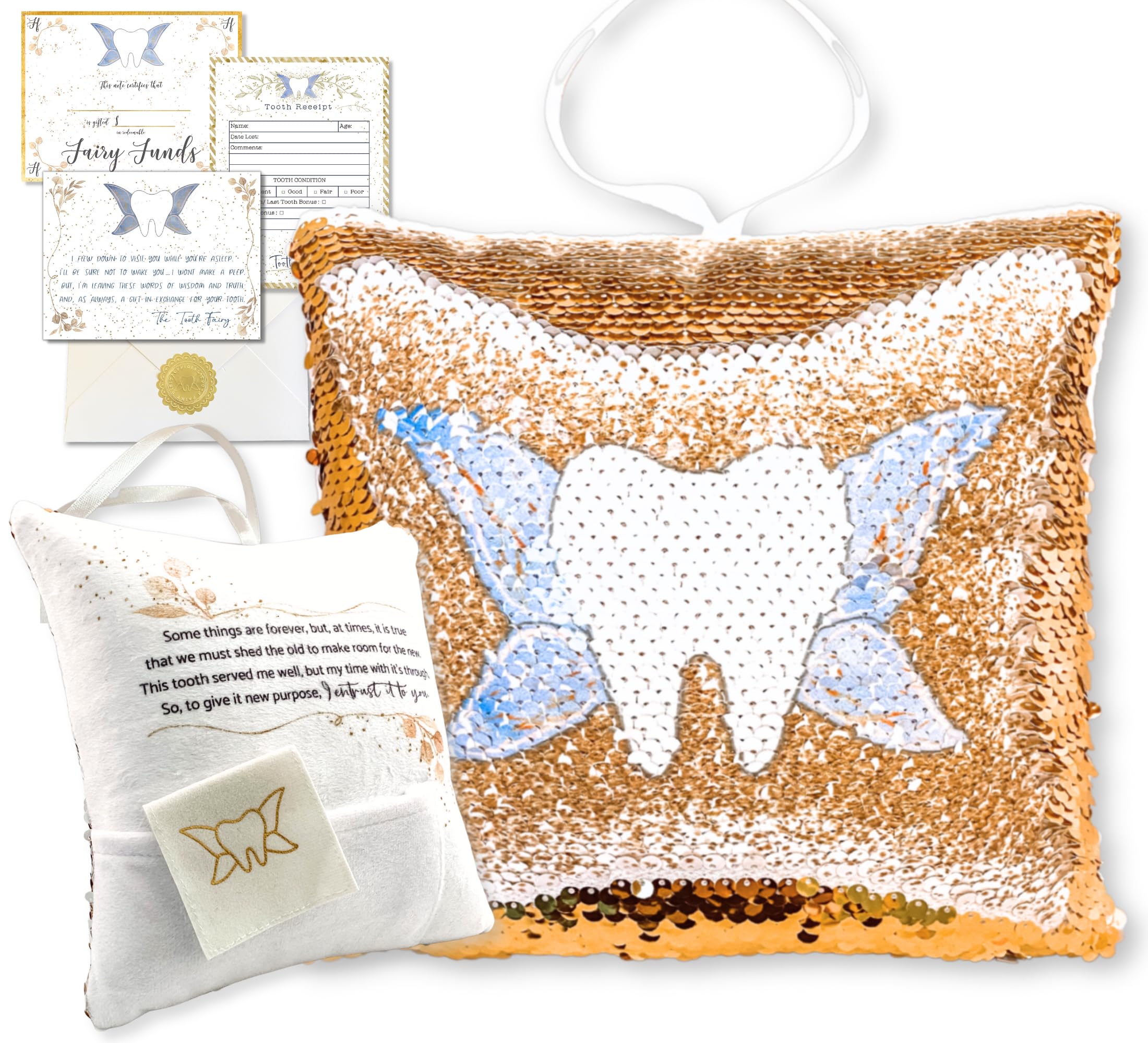 20 Moments of Tooth Tooth Fairy Pillow shows front gold sequins revealing a magical tooth image at bedtime