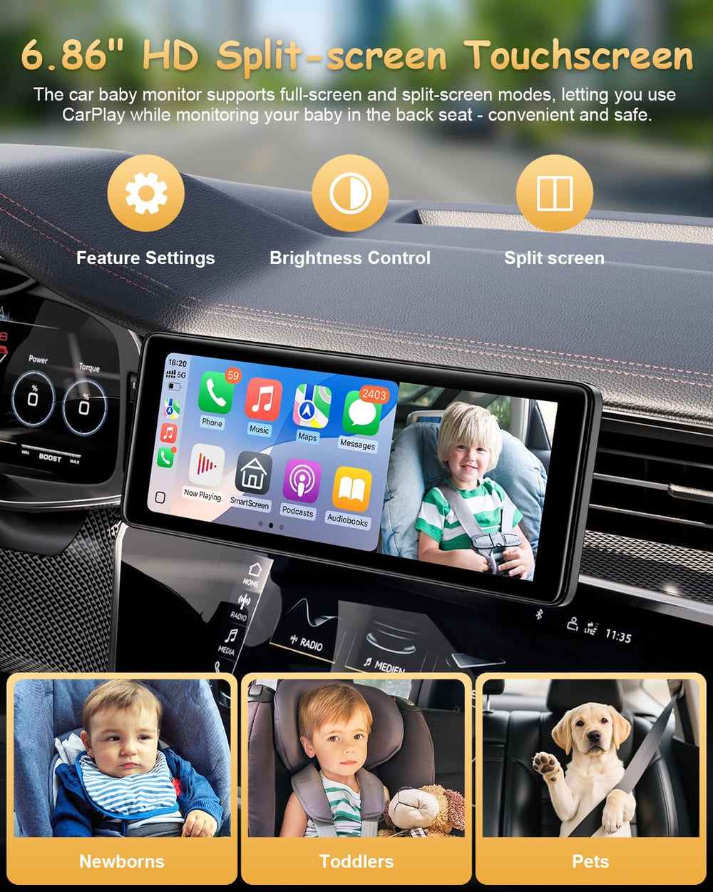 25HOURS YJ1 split-screen with CarPlay and Android Auto for navigation and monitoring