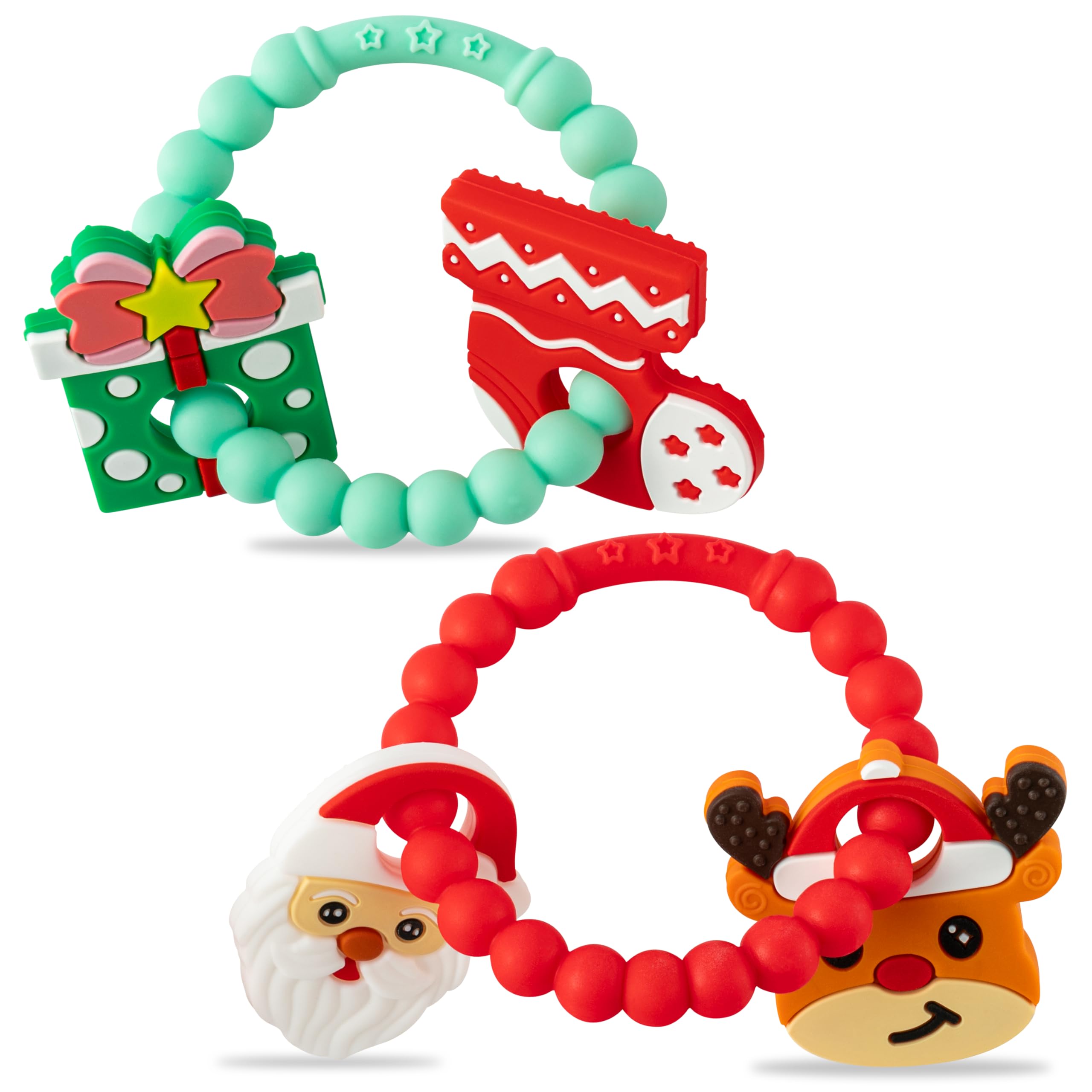 2ooya Christmas teether deer pair in red and green soothing sore gums.