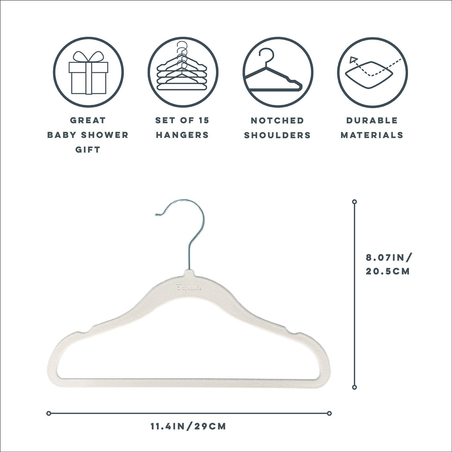 3 Sprouts cream nursery hangers in closet demonstrate a neutral, organized wardrobe.