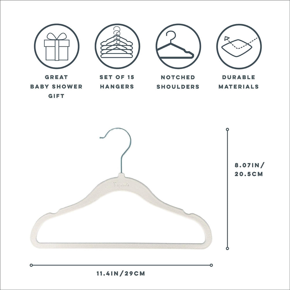 3 Sprouts cream nursery hangers in closet demonstrate a neutral, organized wardrobe.