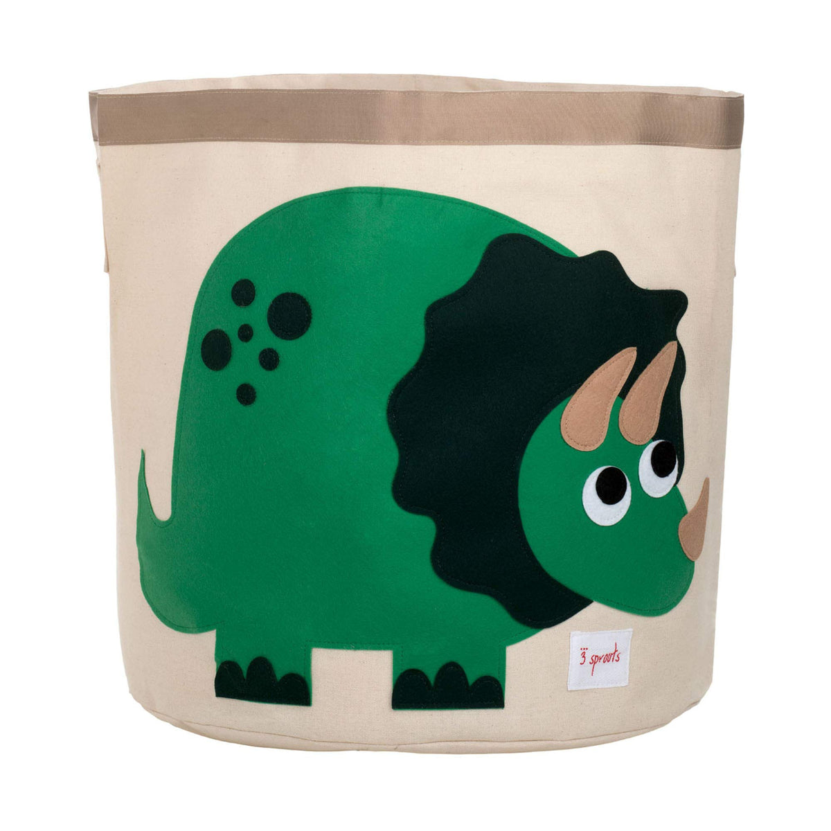 3 Sprouts large toy storage basket with dinosaur design on floor for organizing toys.