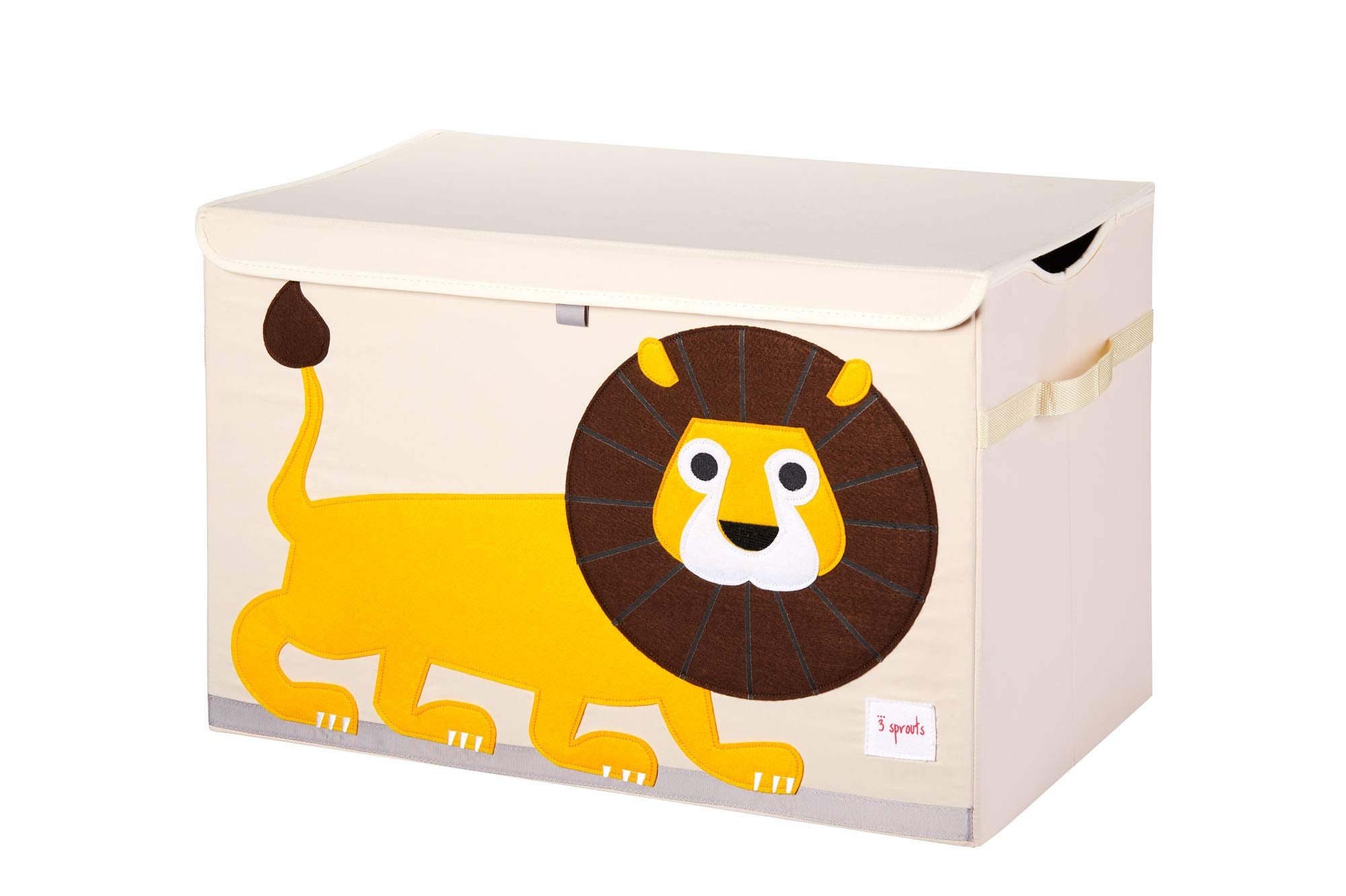 3 Sprouts lion toy chest lid keeps toys hidden and ready for quick cleanups.