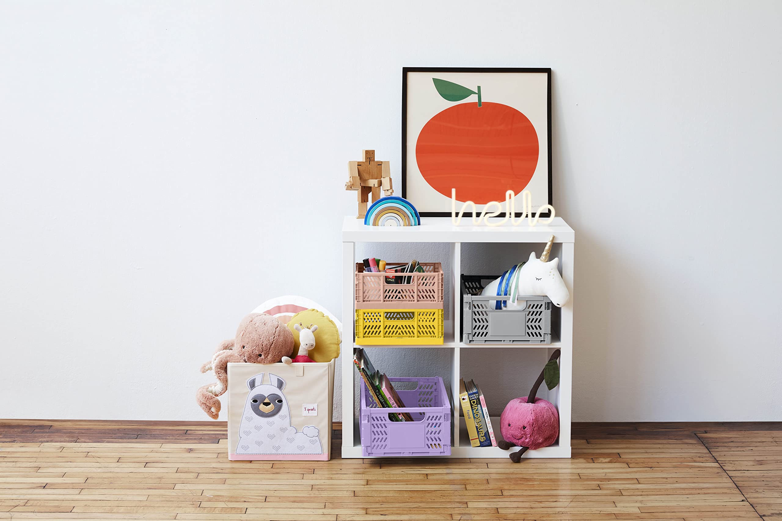 3 Sprouts toy storage cube designed to fit Kallax shelves for tidy storage.