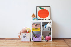 3 Sprouts toy storage cube designed to fit Kallax shelves for tidy storage.