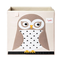 3 Sprouts owl bin neatly stores toys on playroom shelves