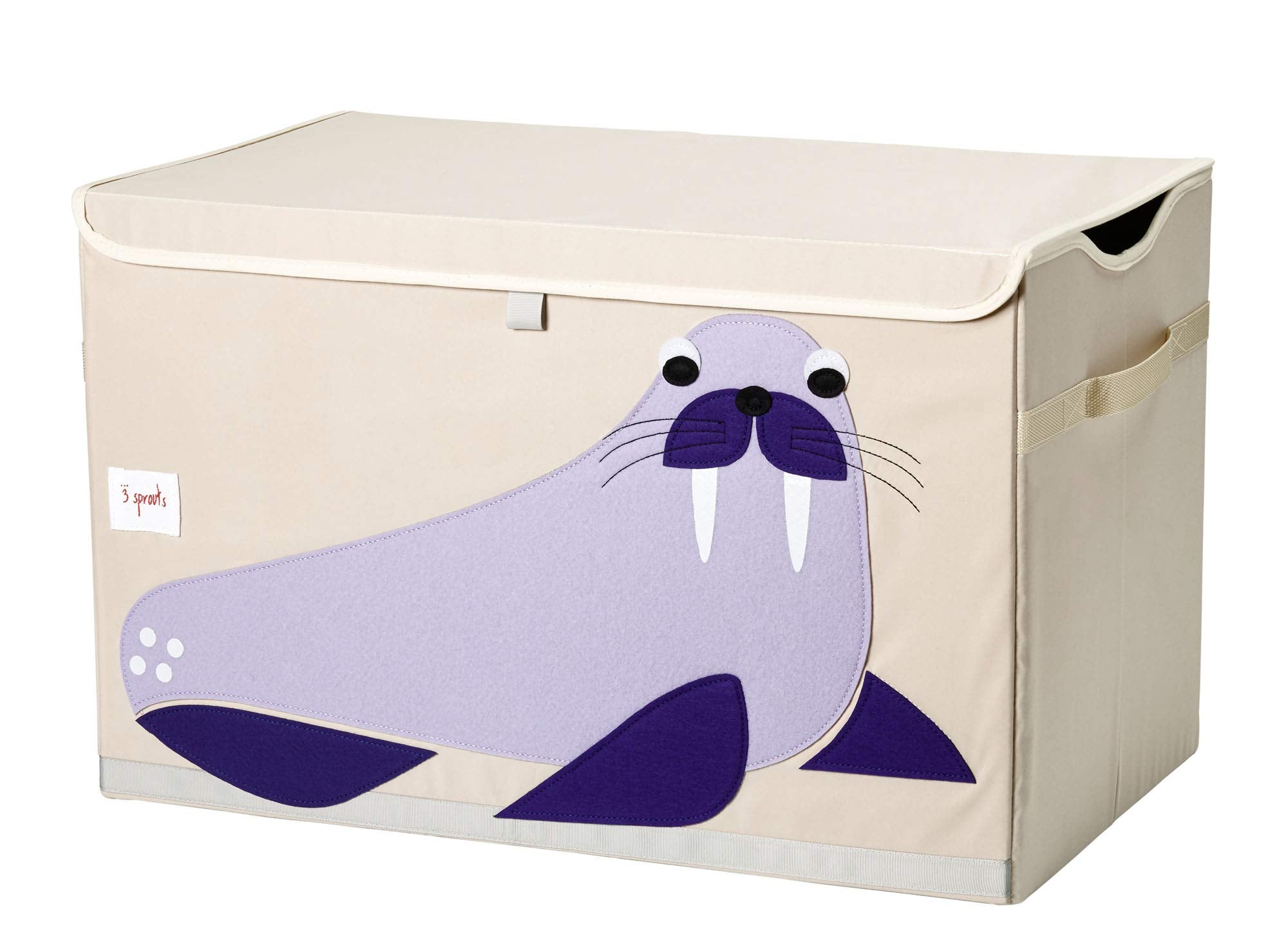 3 Sprouts Walrus toy chest lid and handles for easy lifting and quick cleanup.