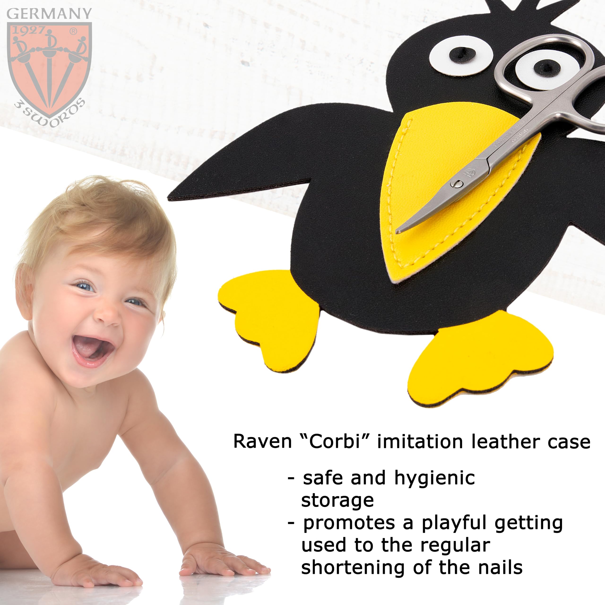 Corbi raven case close-up, charming design encourages gentle nail care routines.