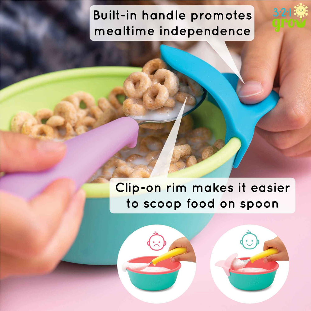 321 Grow clip-on rim bowl with built-in handle to help little hands grip and guide meals