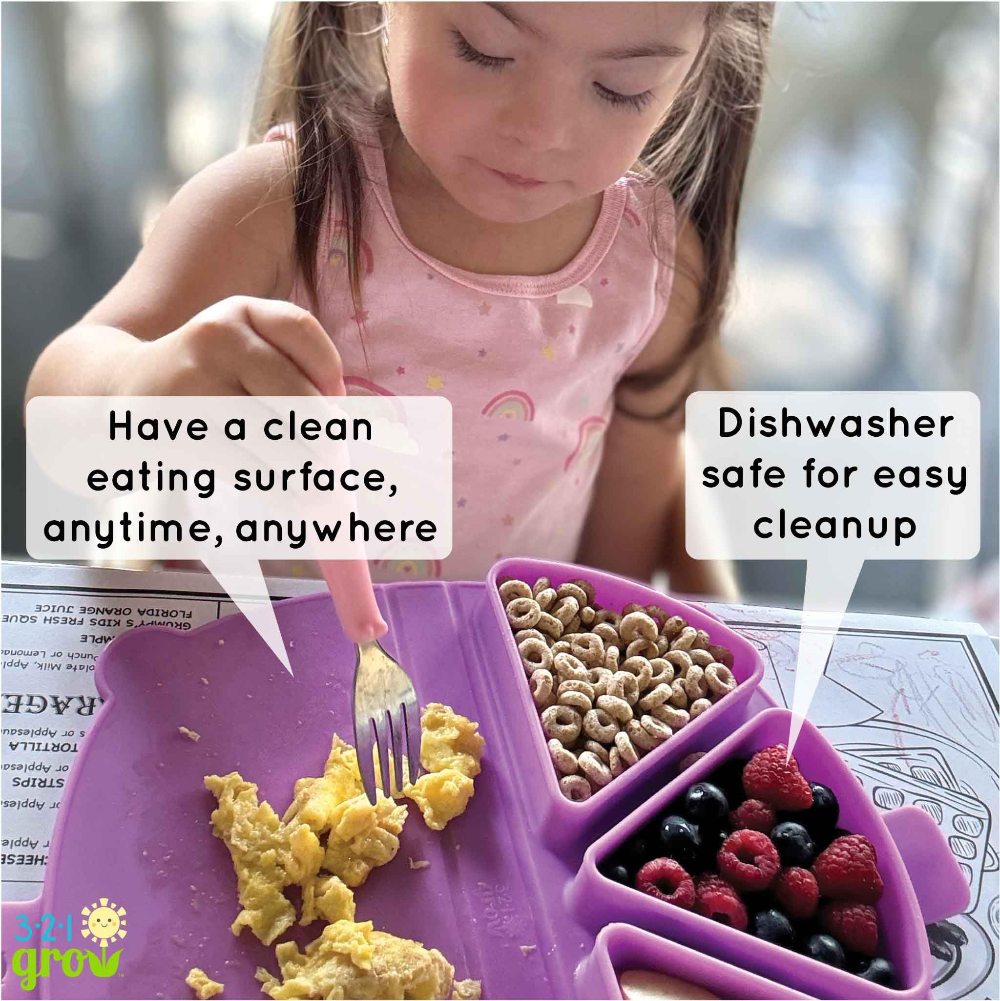 321 Grow snack mat is dishwasher safe icon indicating easy cleanup
