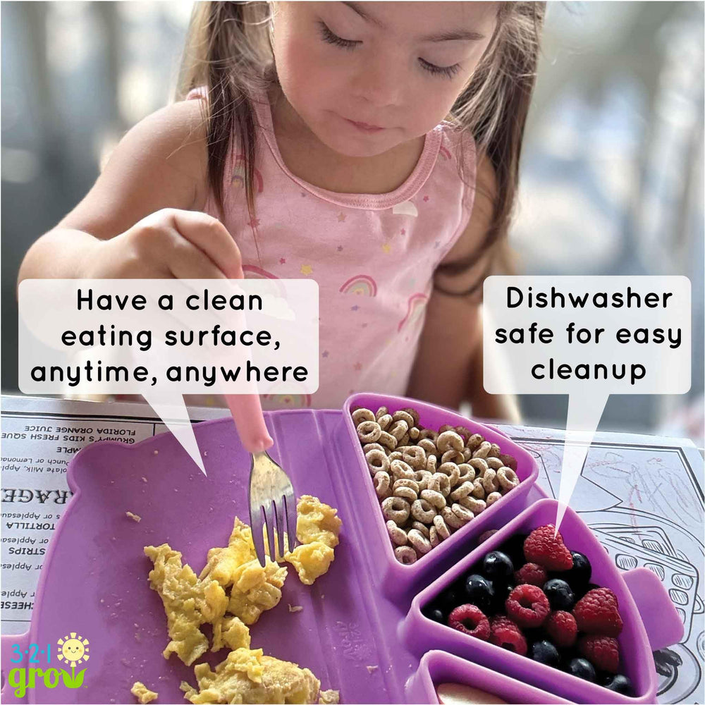 321 Grow snack mat is dishwasher safe icon indicating easy cleanup