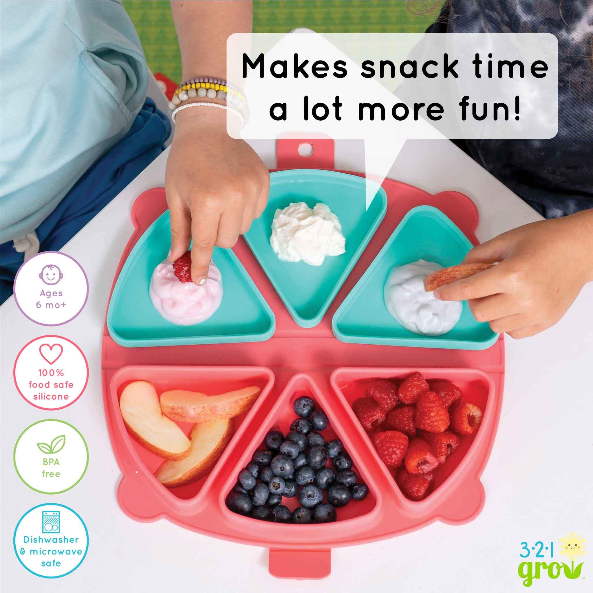 321 Grow watermelon color snack mat adds cheerful appeal to meals