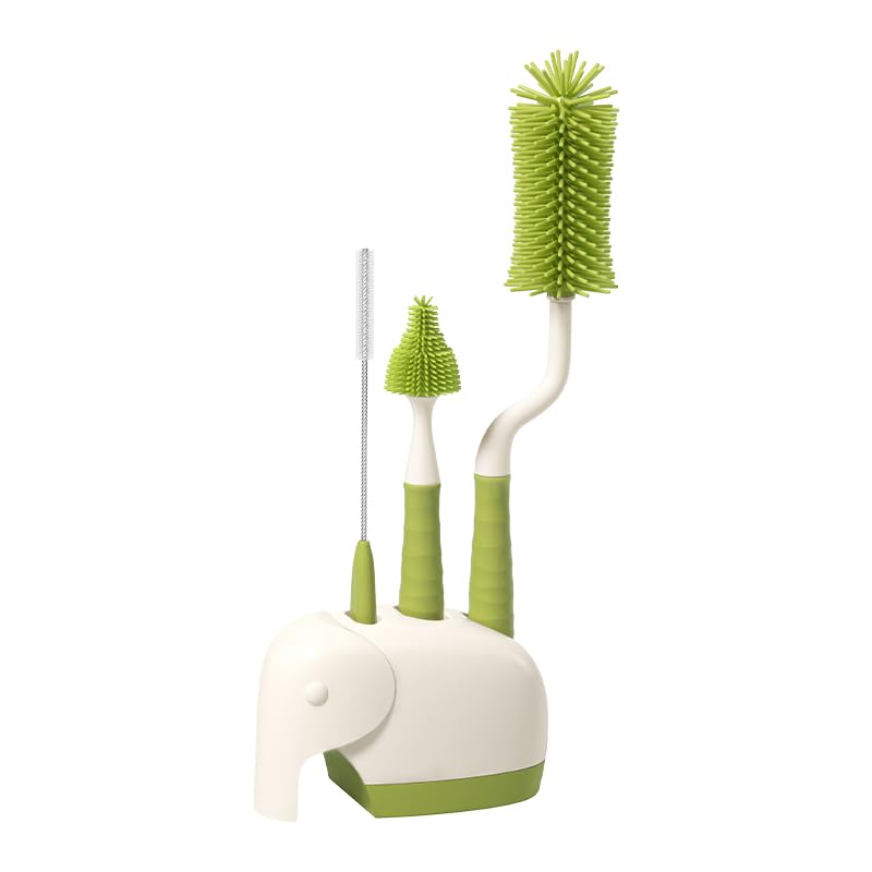 360° rotating silicone bottle brush set green cleans bottles and cups with splash-free action