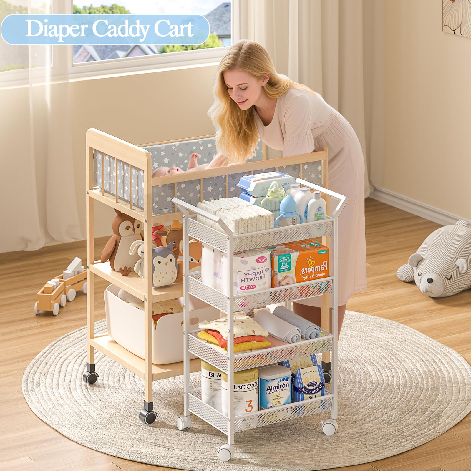 3IngSeagulls Diaper Cart open shelves—clear visibility for quick diaper and wipe access