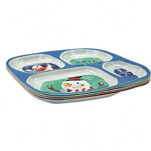 4E's Novelty blue-beige divided plates add playful holiday charm and easy cleanup options.