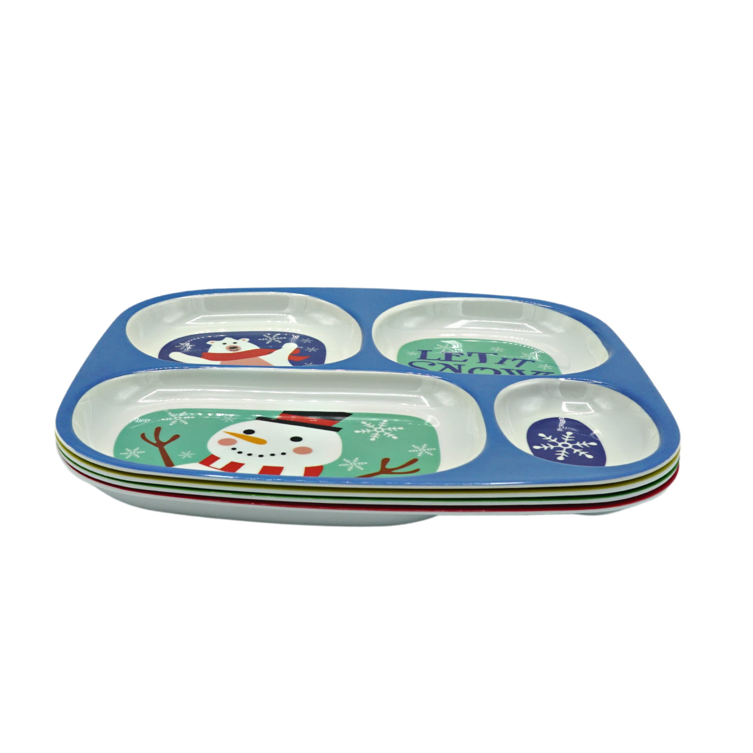 4E's Novelty Christmas divided plates feature elf design to engage toddlers at meals.