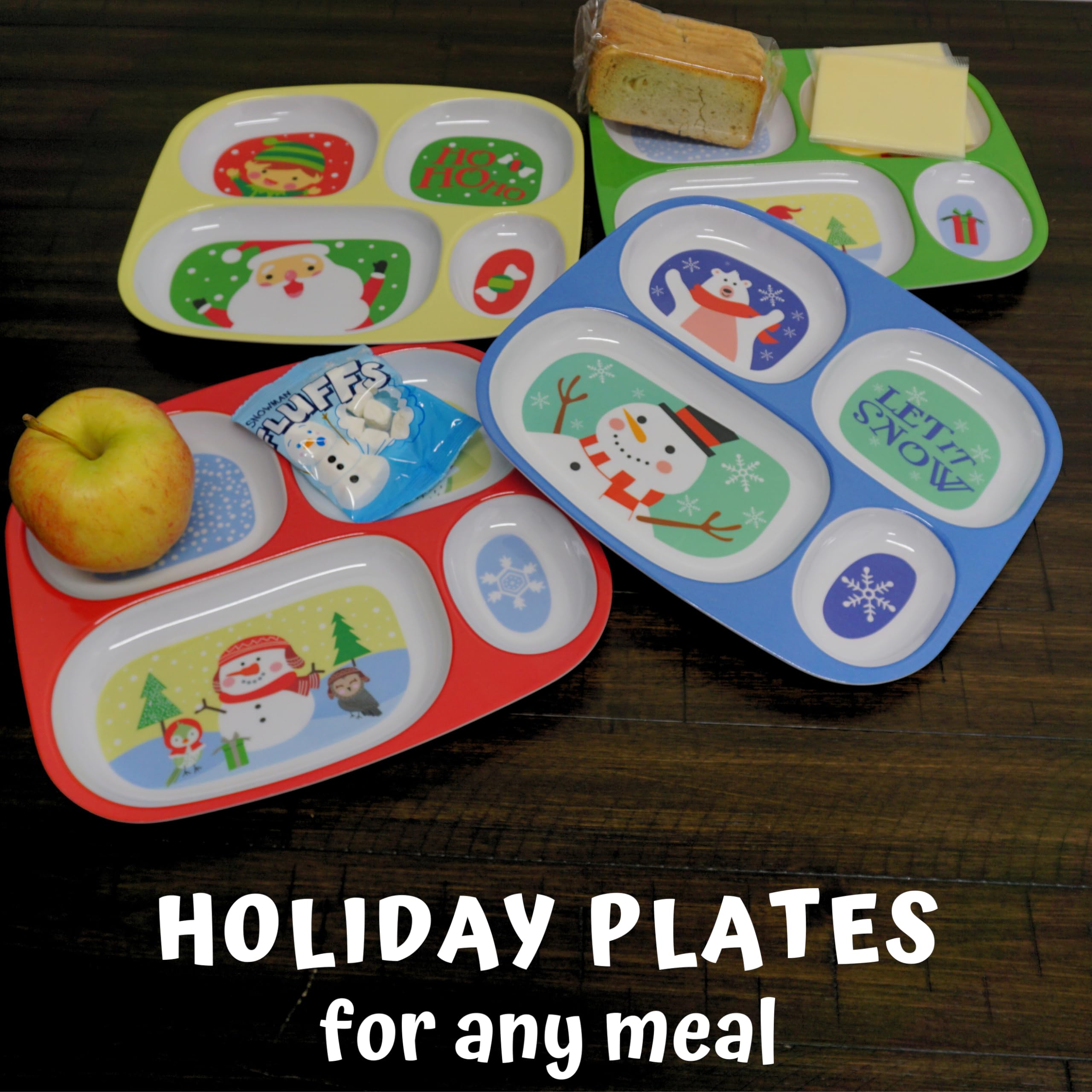 4E's Novelty Christmas divided plates show reindeer to make mealtime fun and organized.