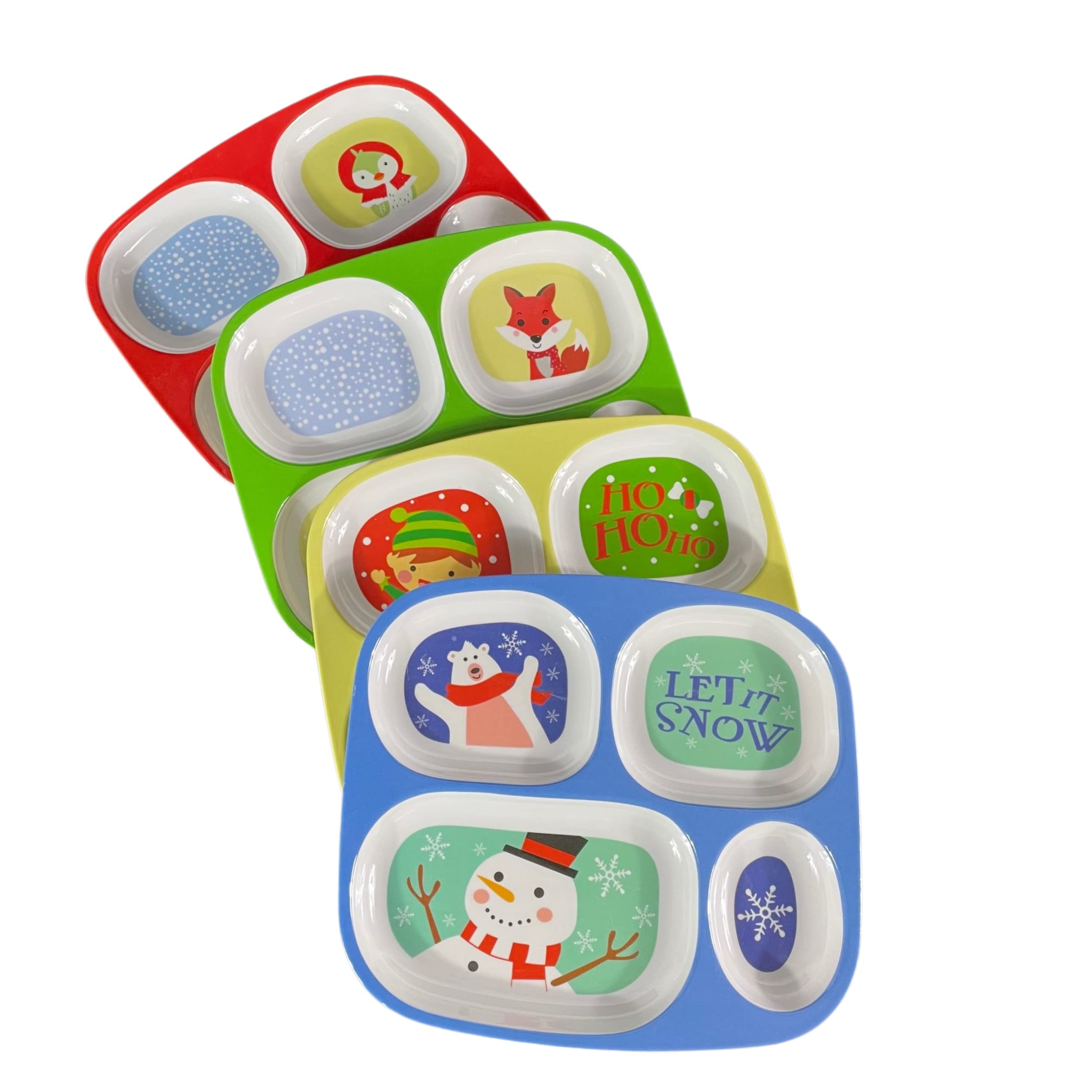 4E's Novelty Christmas divided plates featuring snowman aid for picky eaters during snacks.