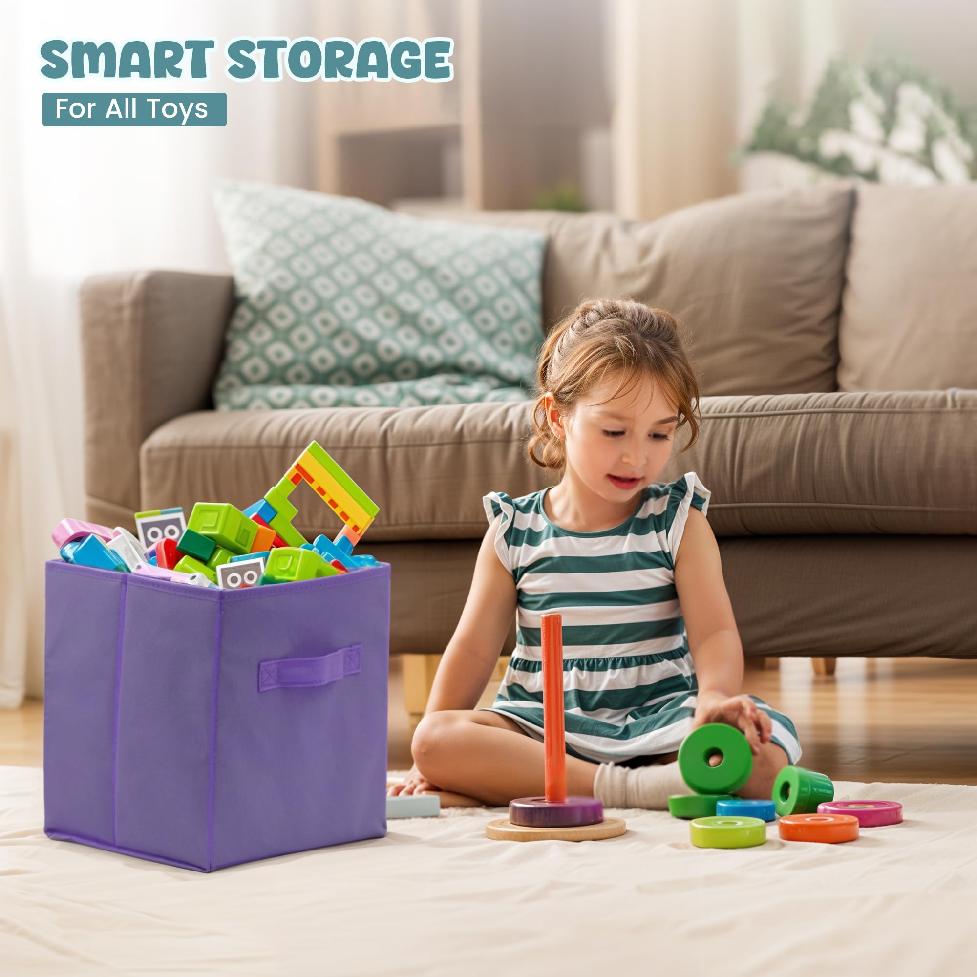 4E's Novelty soft yellow storage cube with mint green accent supports kids’ room tidying