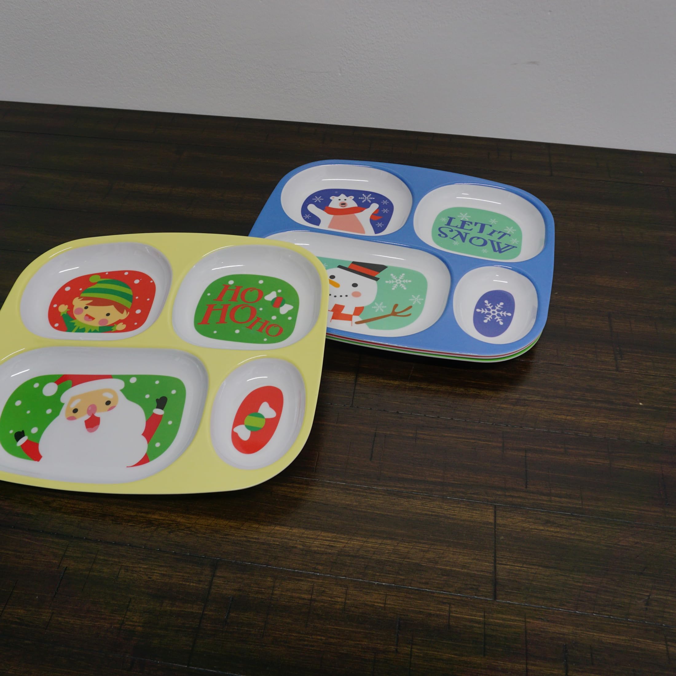 4E's Novelty red divided plate emphasizes cheerful colorways for festive table setting.