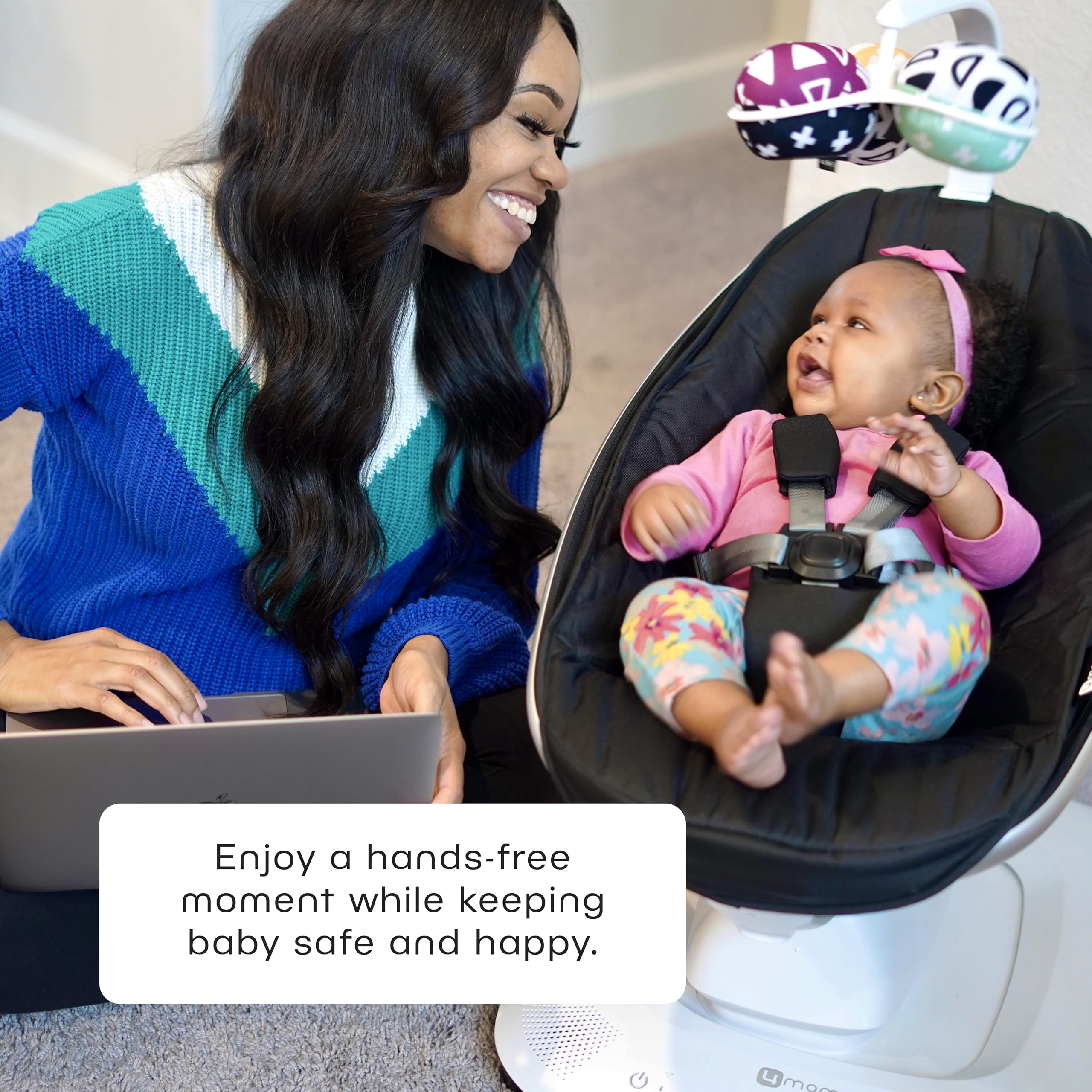 4moms MamaRoo with voice-control visual demonstrates smart-home compatibility for hands-free setup