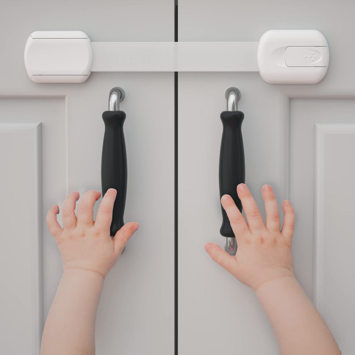 4our Kiddies cabinet locks installed on a cabinet door for child safety and easy access