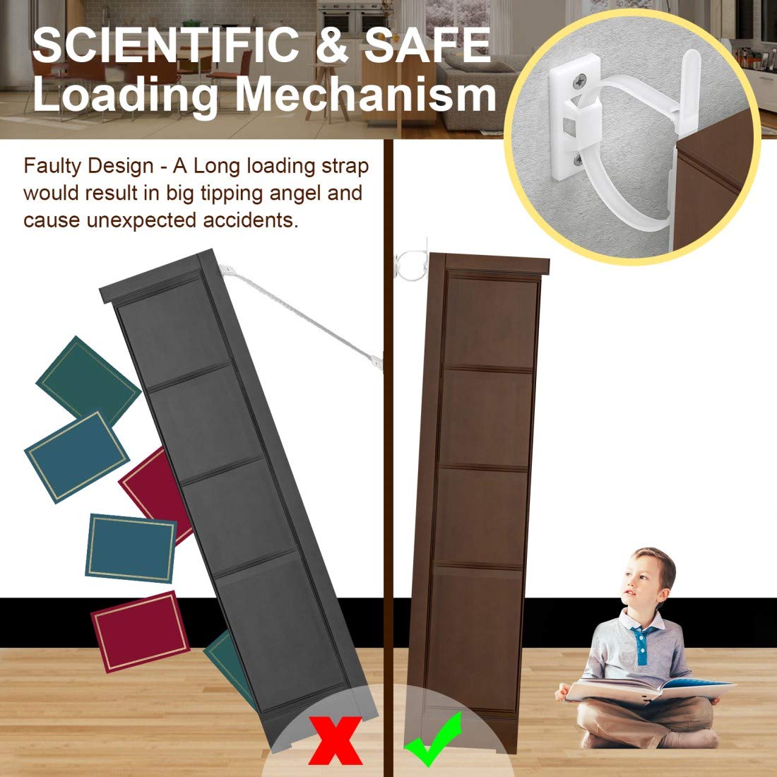 4our Kiddies anti-tip bookcase strap anchors tall shelving securely.