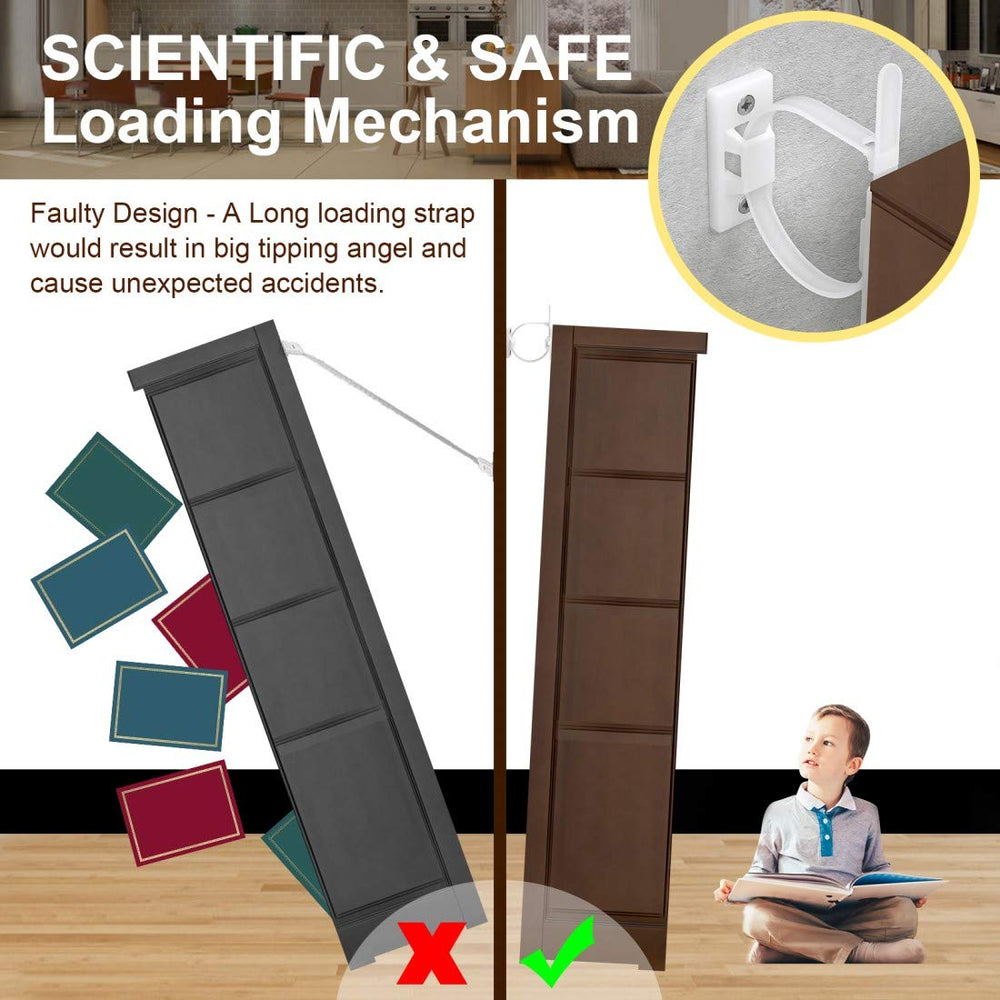 4our Kiddies anti-tip bookcase strap anchors tall shelving securely.