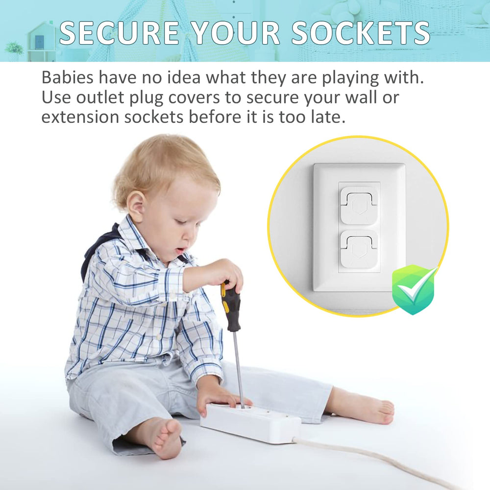 Packaging image shows 60-pack solution for organized baby-proofing homes