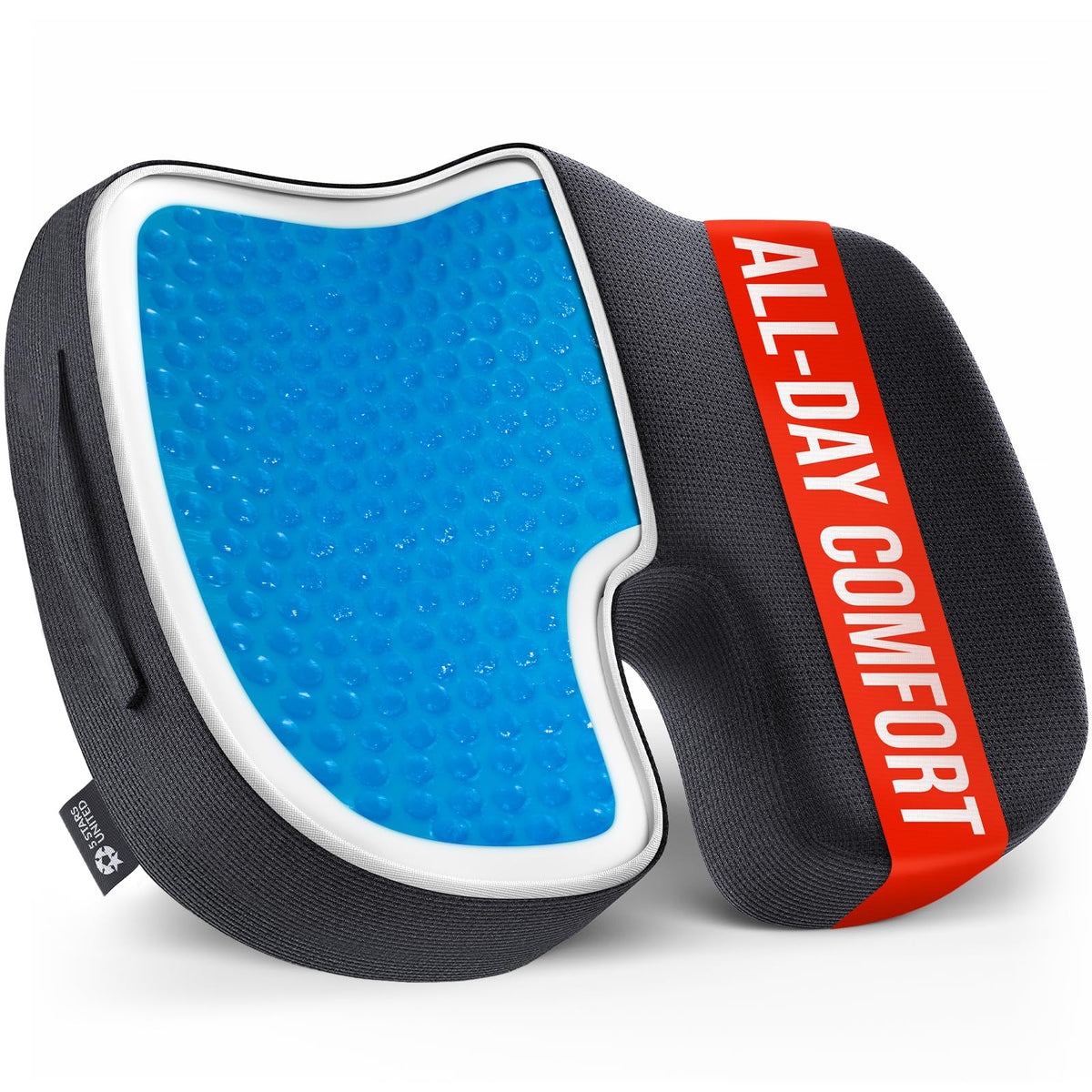 5 STARS UNITED memory foam seat cushion close-up shows firm support and contouring.
