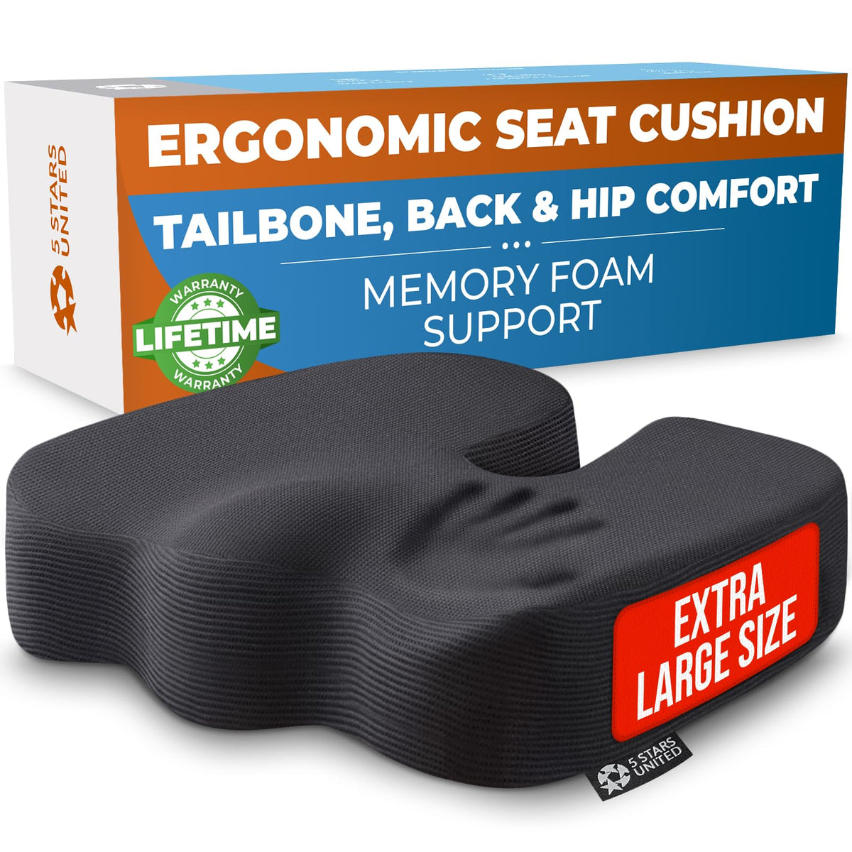 5 STARS UNITED seat cushion front view highlighting coccyx support for long days