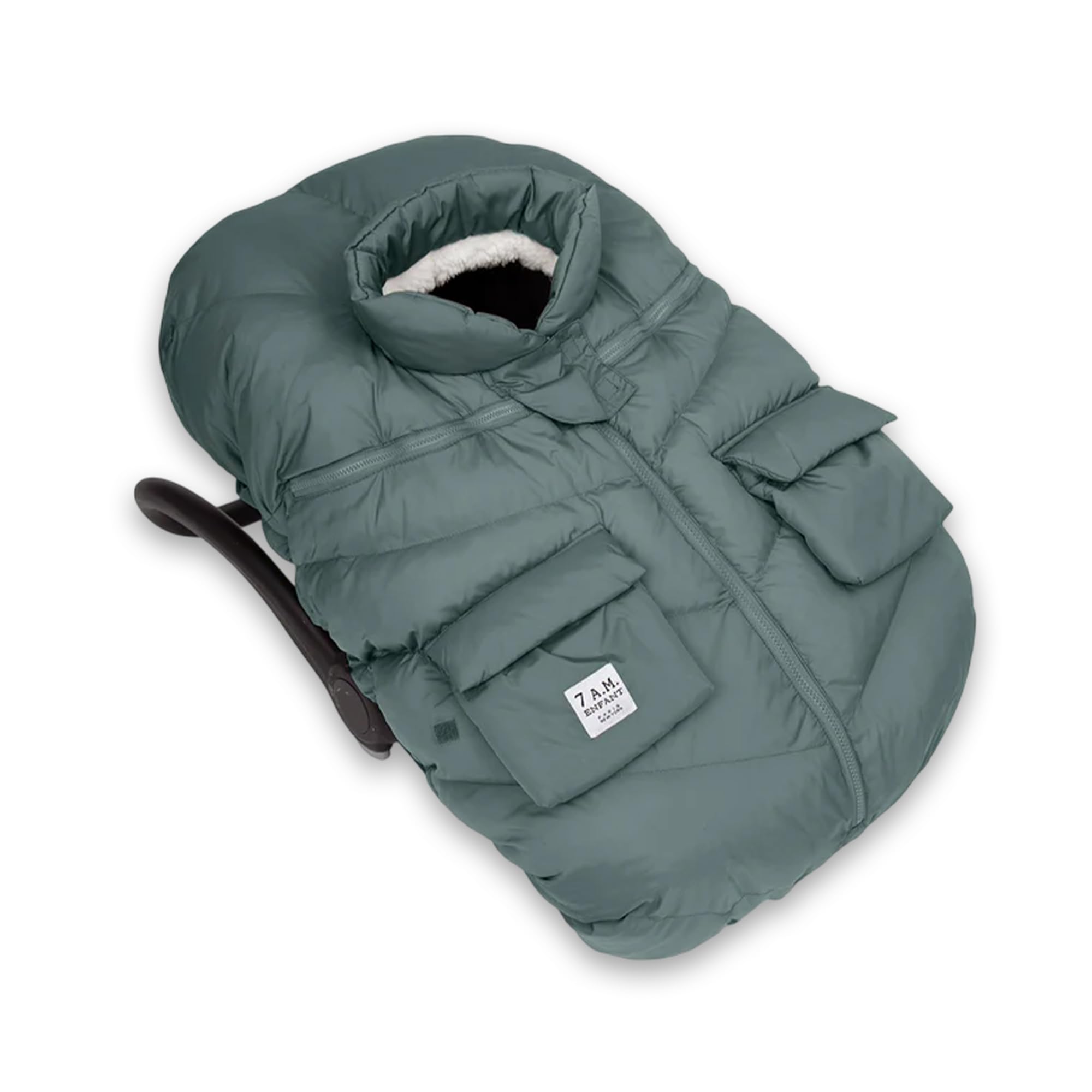 7AM Enfant Cocoon Pine cover provides snug, windproof warmth for infants in car seats.