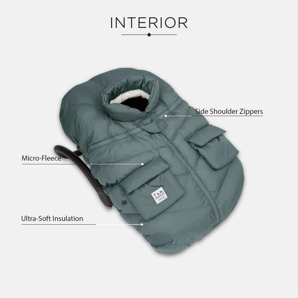 7AM Enfant Cocoon Pine water-repellent shell keeps baby dry in rain or snow.