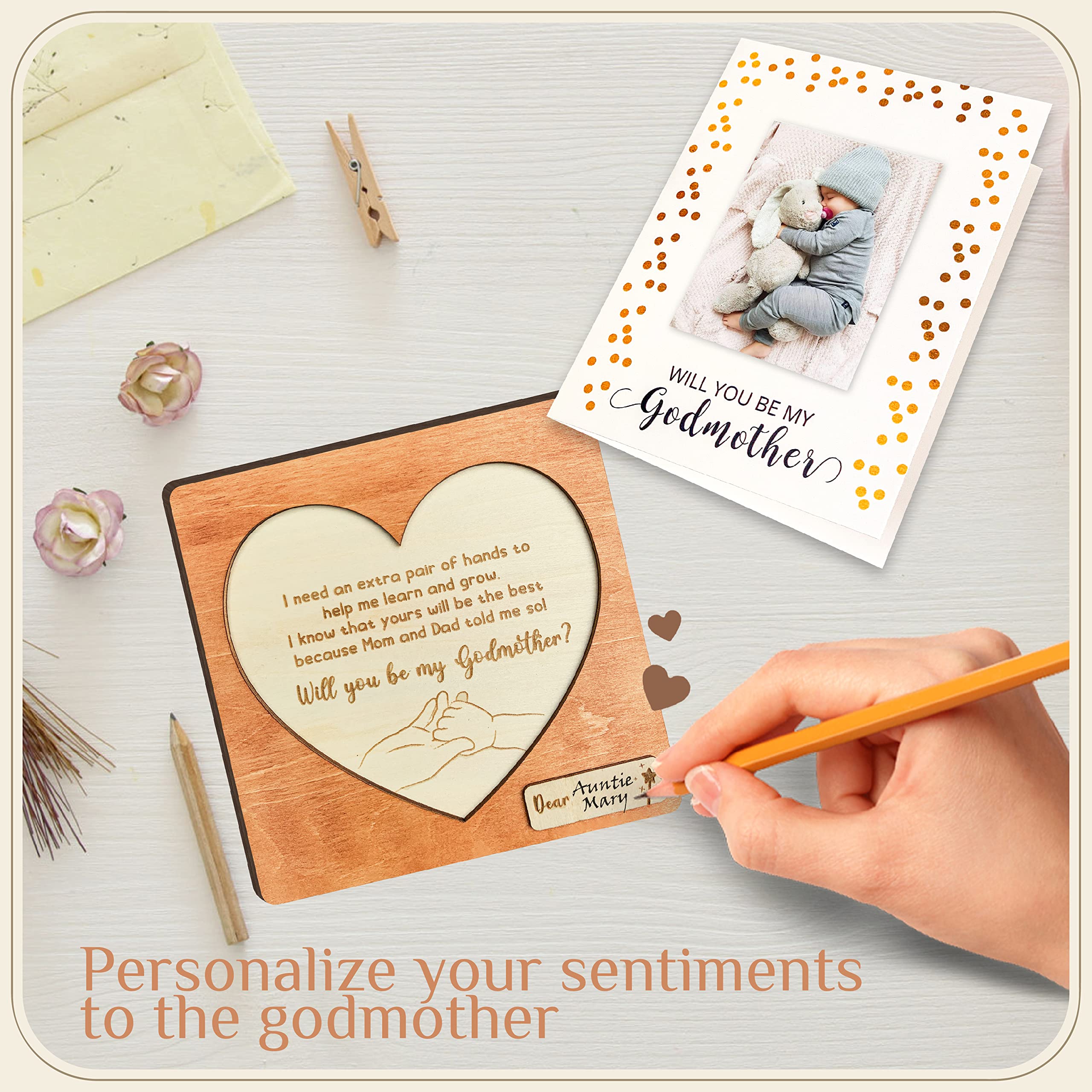 97 Decor will you be my godmother heart-holding-hands design—engraved detail for a meaningful journey