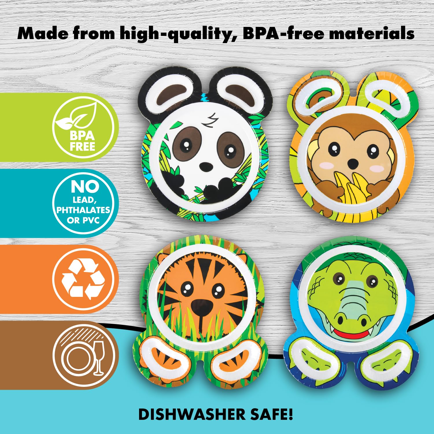 Bentology Zoo Friends plate closeup showing vibrant colors and durable finish.