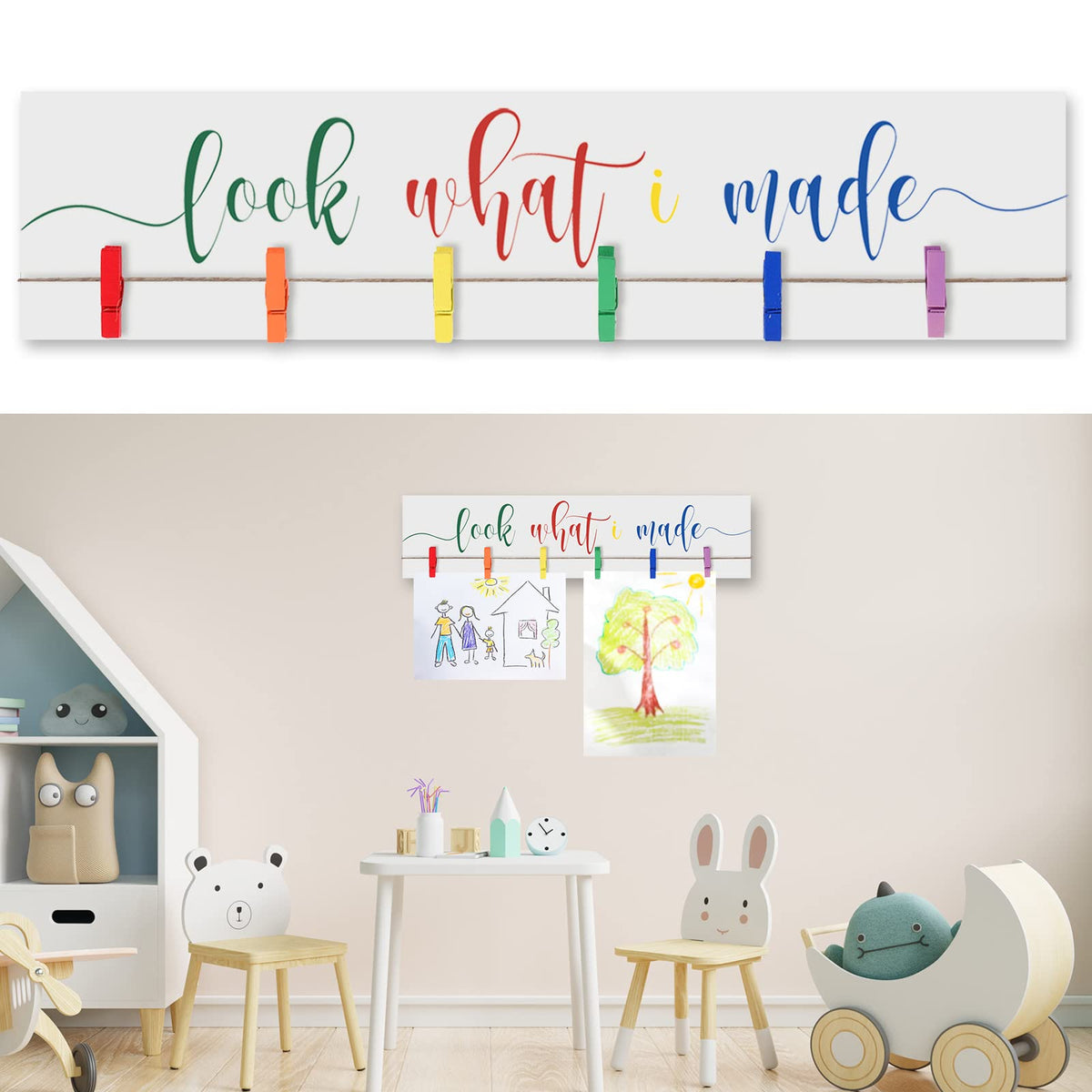 Sawysine Look What I Made sign with clips on a wooden display frame showcasing kids' artwork