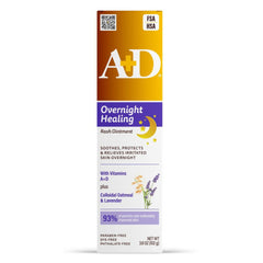 A+D Overnight Healing Diaper Rash Ointment tube front showing soothing formula for irritated skin.