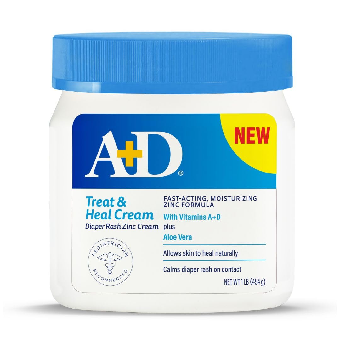 A+D Treat + Heal diaper rash cream jar front showing zinc oxide protection for sensitive skin.