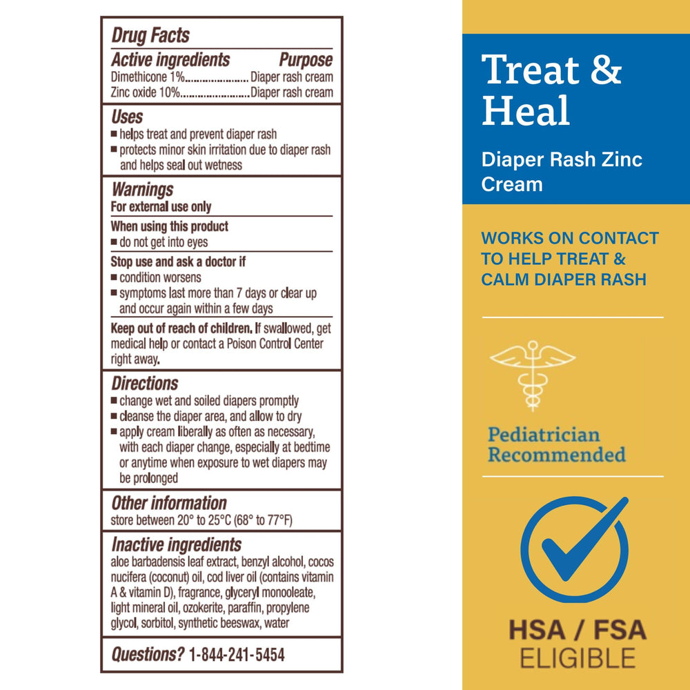 A+D Treat + Heal ingredients diagram highlights zinc oxide and dimethicone benefits.