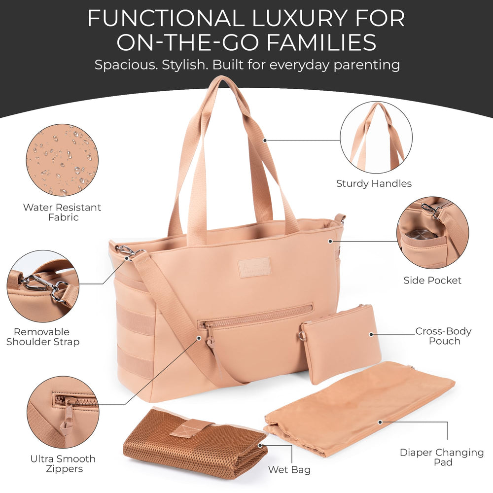 A + S Luxxe Baby Luxxe Diaper Tote interior compartments showcase organized essentials.