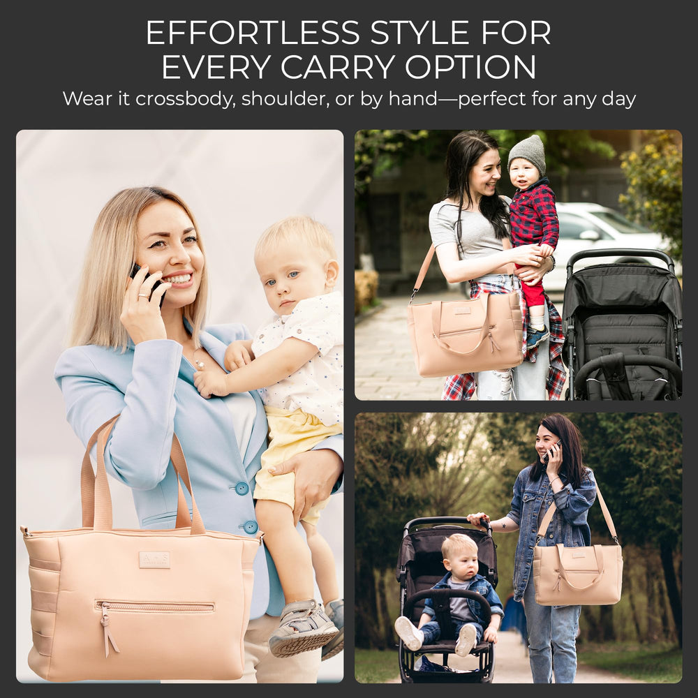 A + S Luxxe Baby Luxxe Diaper Tote stroller straps enable hands-free city errands.