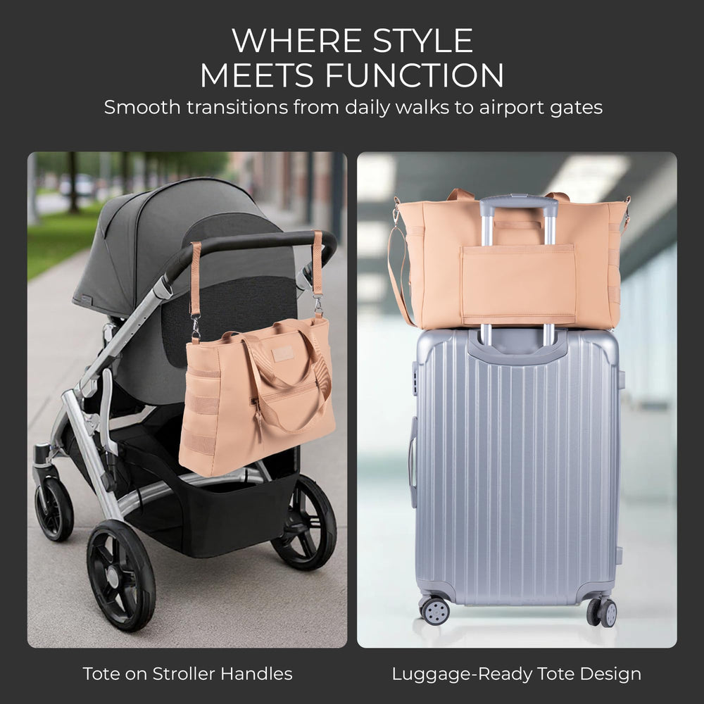A + S Luxxe Baby Luxxe Diaper Tote waterproof material protects against spills during travel.