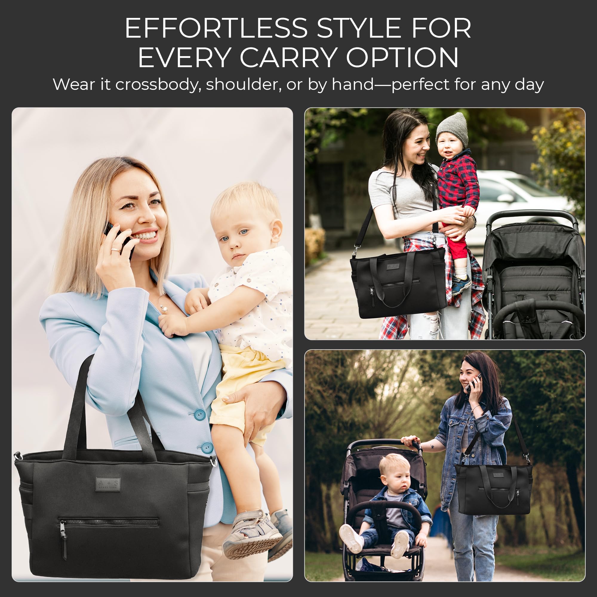 A + S Luxxe Diaper Bag Tote includes a wipe-clean changing mat for quick changes.