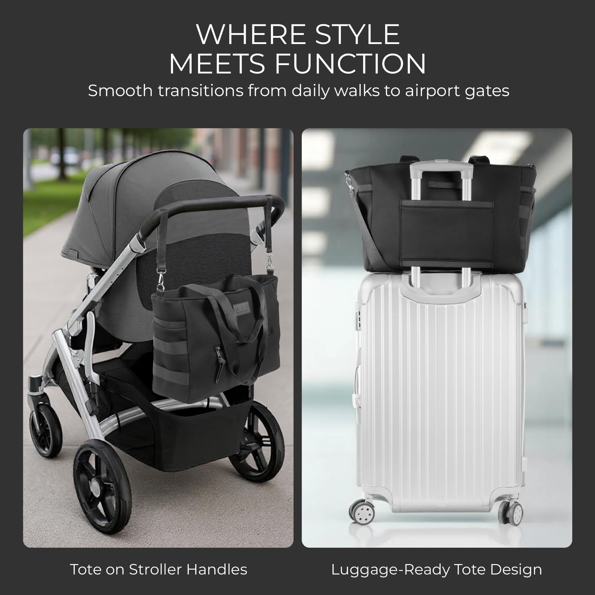 A + S Luxxe Diaper Bag Tote with stroller buckle attachments enables hands-free strolling.