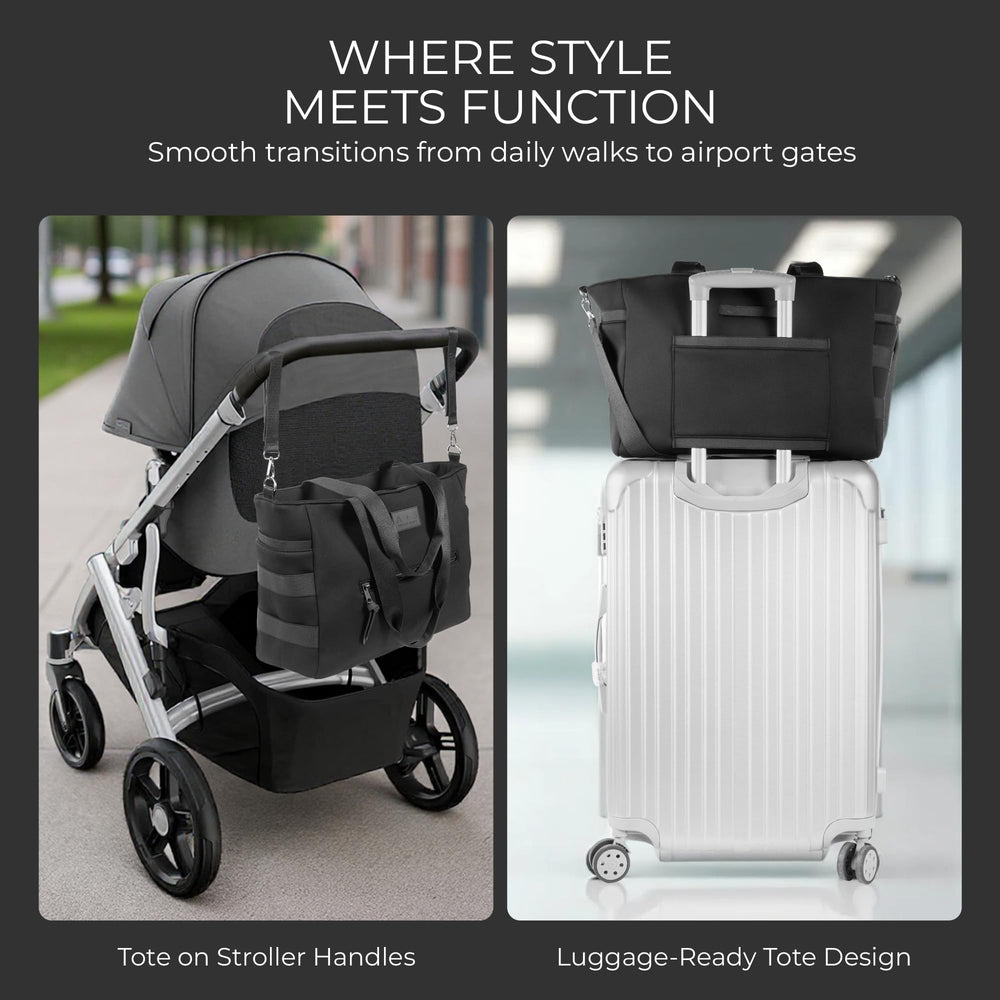 A + S Luxxe Diaper Bag Tote with stroller buckle attachments enables hands-free strolling.